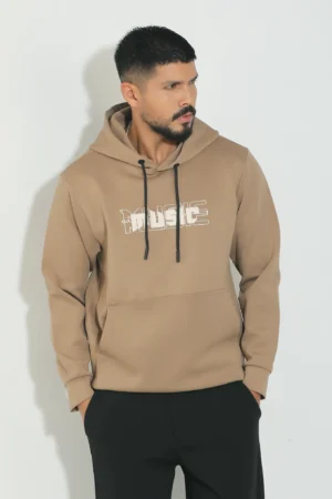 Music Print Pullover Hoodie — Brown