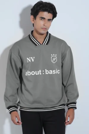 Men's Retro Football-Style V-Neck Oversized Sweatshirt — Ash