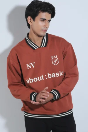 Men's Retro Football-Style V-Neck Oversized Sweatshirt — Rust Brown
