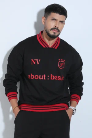 Men's Retro Football-Style V-Neck Oversized Sweatshirt — Black & Red