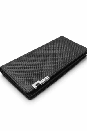 Diamond Embossed Leather Long Wallet — Black