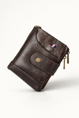 KAVI'S Genuine Leather Bifold Zip Wallet — Coffee