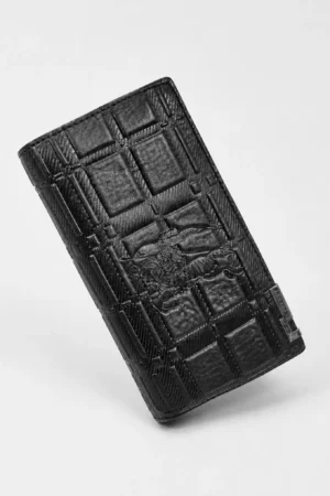 Embossed Leather Long Wallet — Black