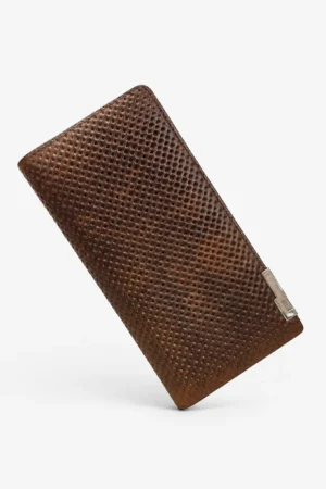 Diamond Embossed Leather Long Wallet — Coffee Brown
