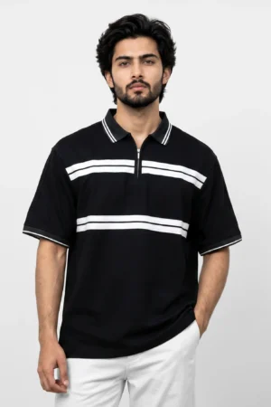 Oversized Zip-Collar Striped Polo Shirt