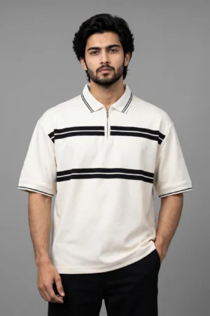 Oversized Zip-Collar Striped Polo Shirt