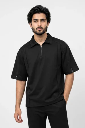 Oversized Half Zipper Polo T-Shirt - Black