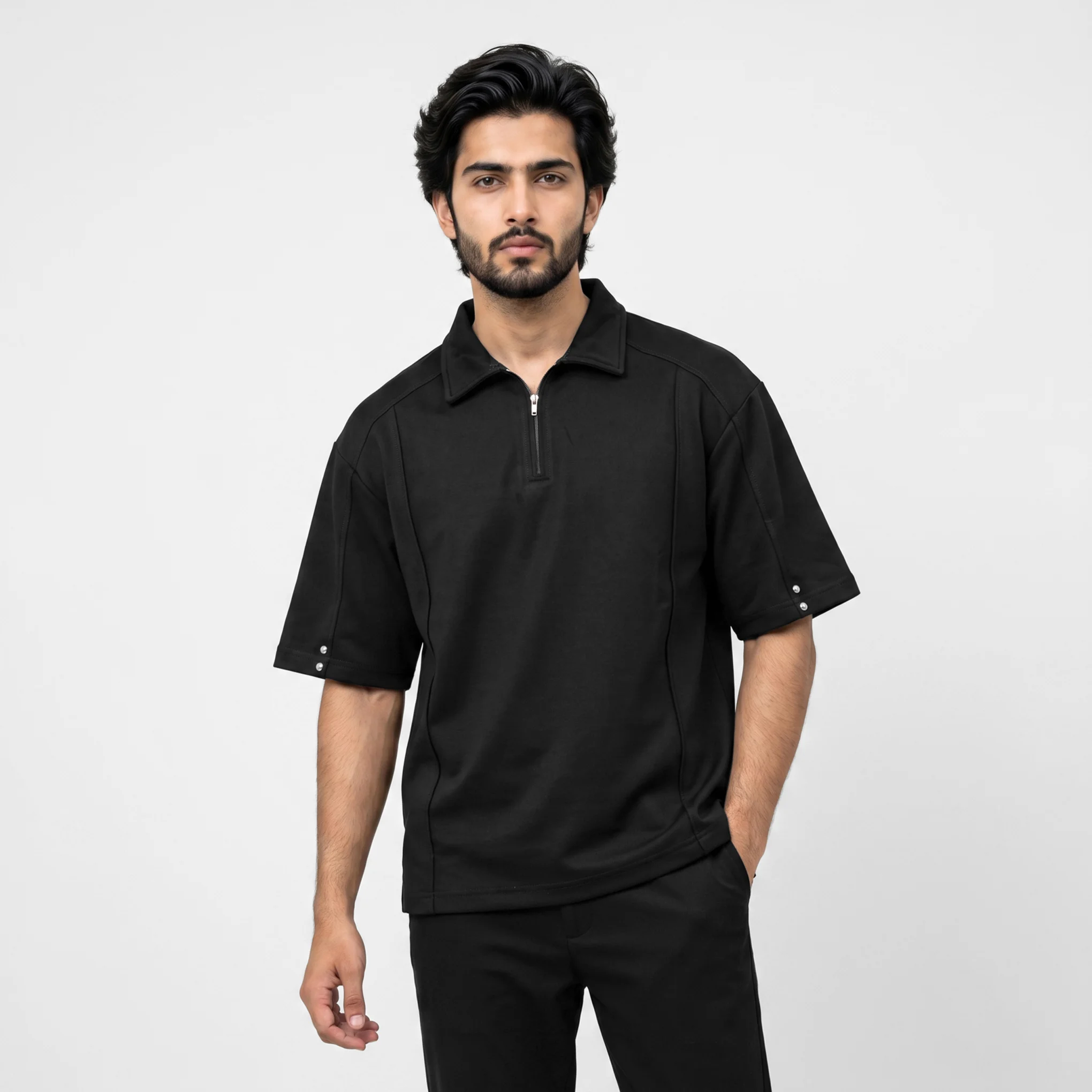 Oversized Half Zipper Polo T-Shirt – Black