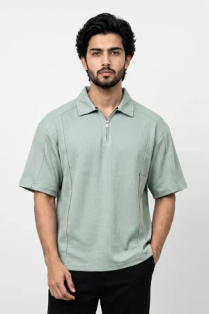 Oversized Half Zipper Polo T-Shirt - Mint Green