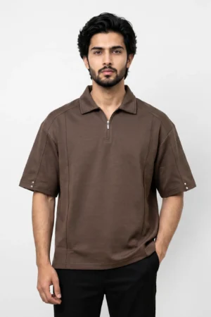 Oversized Half Zipper Polo T-Shirt - Coffee