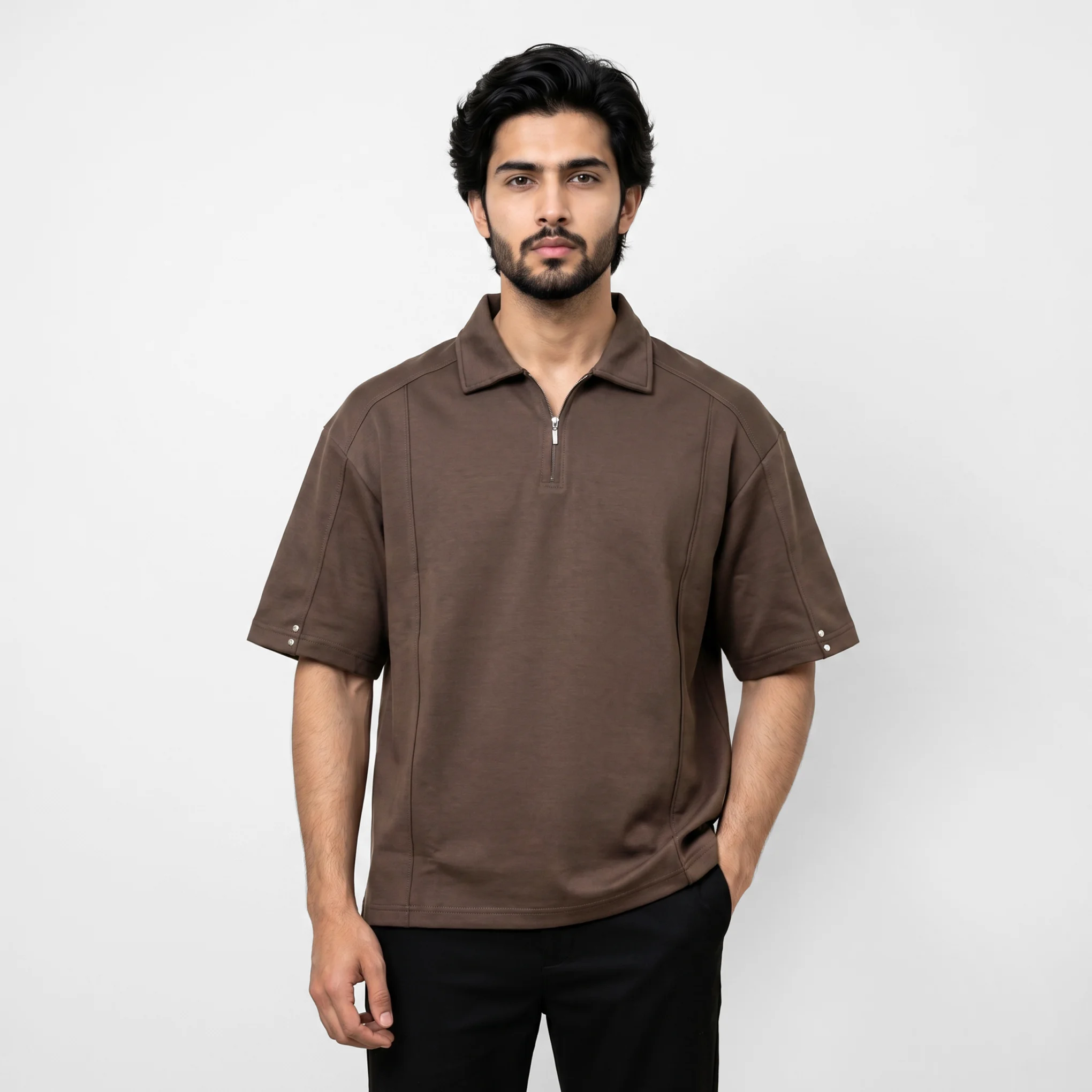 Oversized Half Zipper Polo T-Shirt – Coffee