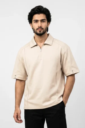 Oversized Half Zipper Polo T-Shirt - Cream Beige