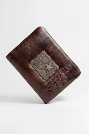 Metal Badge Leather Trifold Walle – Tan Brown