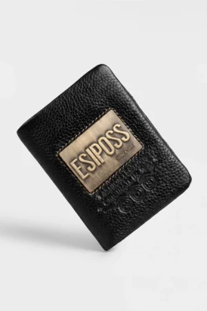 Metal Badge Leather Trifold Wallet – Black