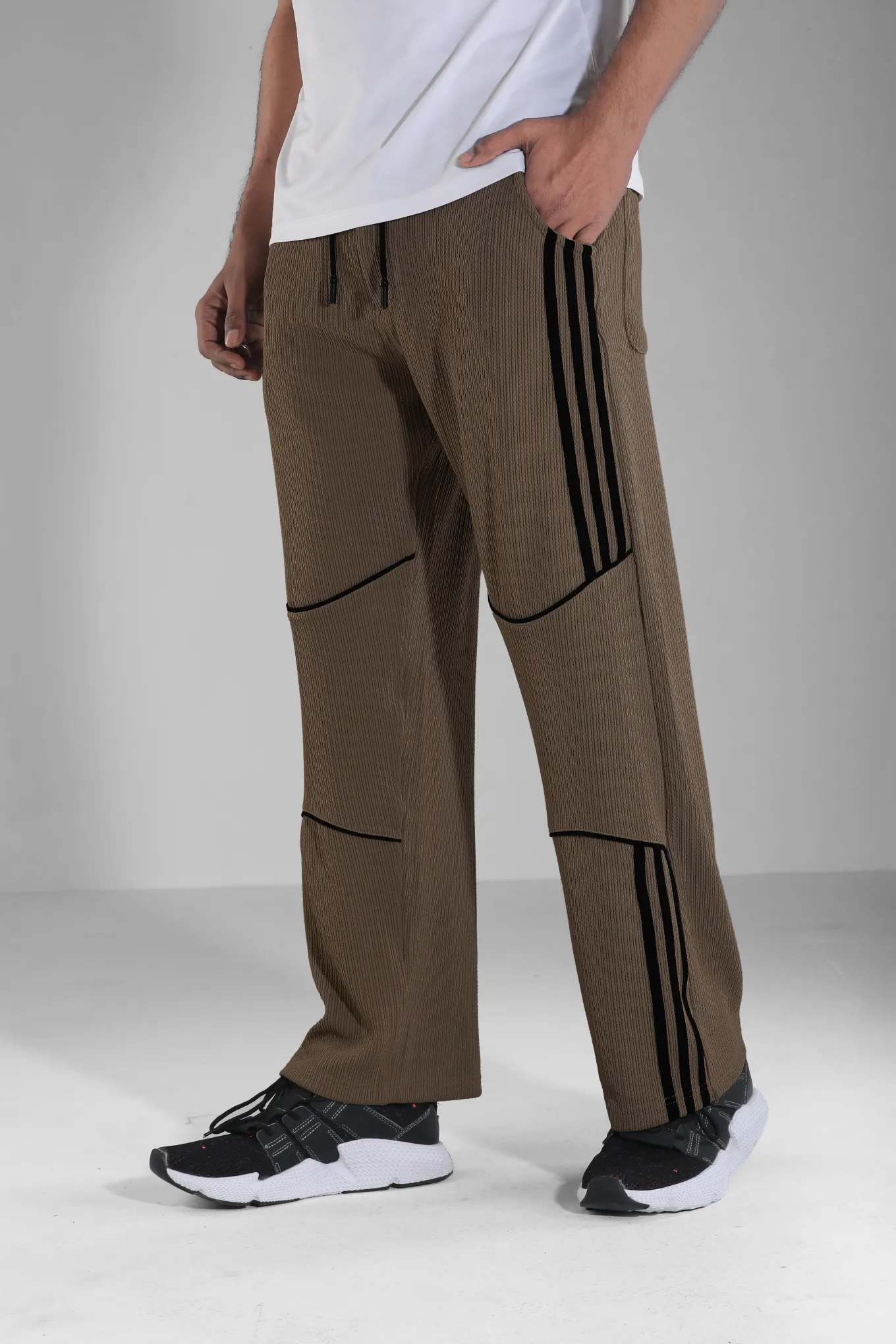 Ribbed Wide-Leg Trackpants for Men – Stripe Detail