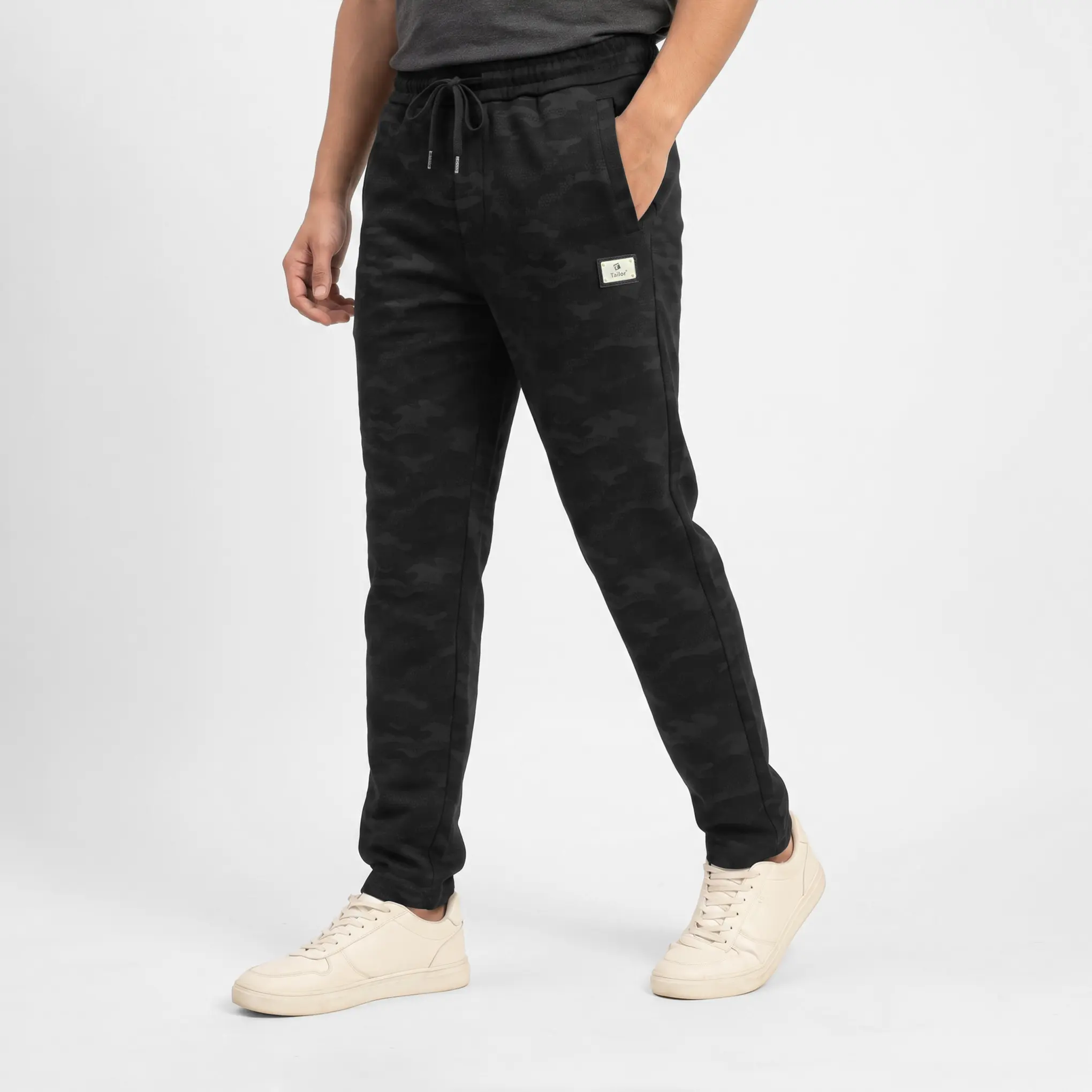 Camo Print Regular Fit Joggers- Black