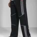 Ribbed Wide-Leg Trackpants for Men – Stripe Detail - Black