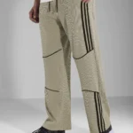Ribbed Wide-Leg Trackpants for Men – Stripe Detail - Khaki