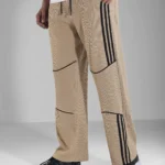 Ribbed Wide-Leg Trackpants for Men – Stripe Detail - Brown