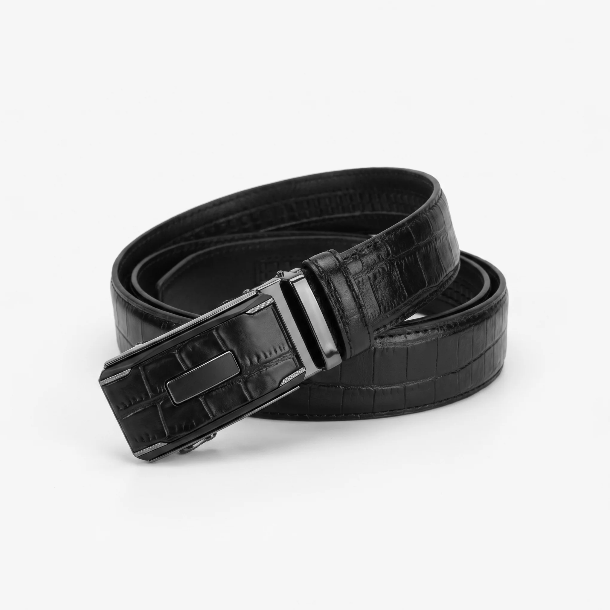 Automatic Ratchet Buckle Genuine Leather Belt for Men – Black Croc Embossed - Image 3