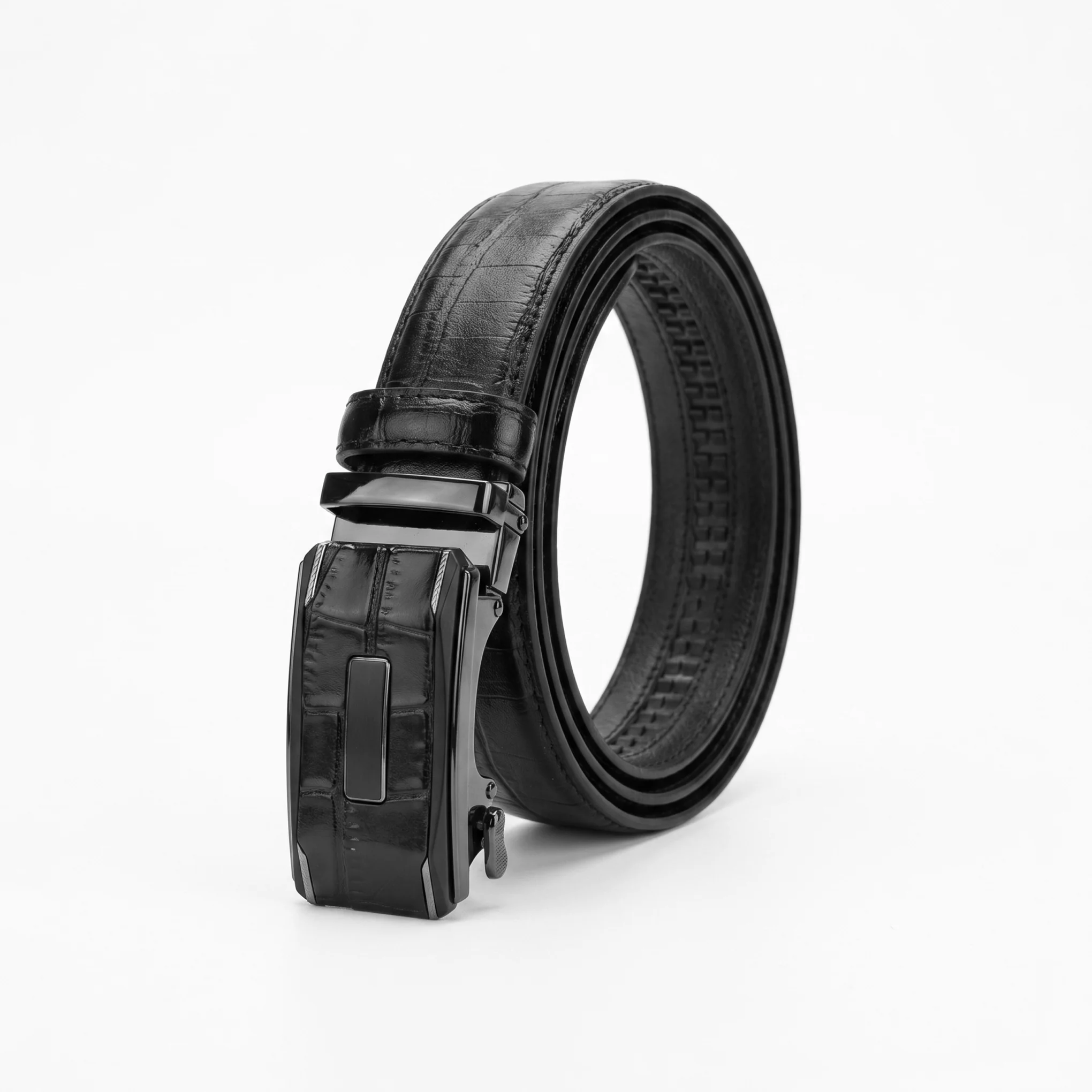 Automatic Ratchet Buckle Genuine Leather Belt for Men – Black Croc Embossed