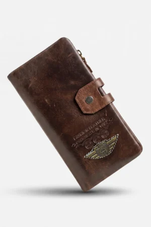 Genuine Leather Long Wallet — Coffee Brown