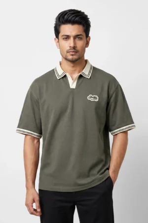 Oversized V.neck-Collar Striped Polo Shirt