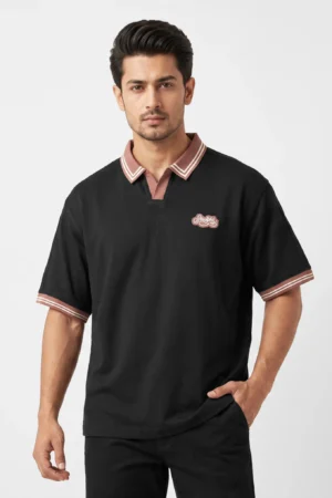 Oversized V.neck-Collar Striped Polo Shirt
