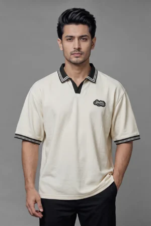 Oversized V.neck-Collar Striped Polo Shirt