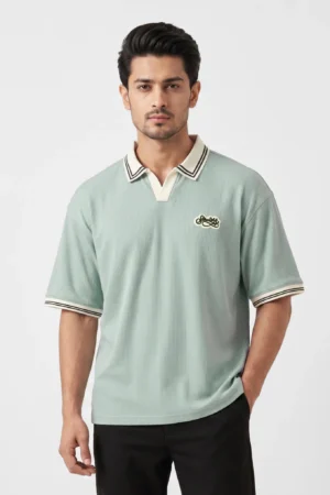 Oversized V.neck-Collar Striped Polo Shirt