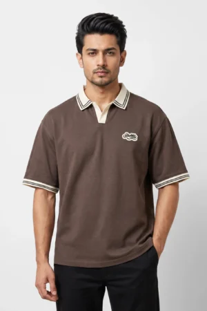 Oversized V.neck-Collar Striped Polo Shirt