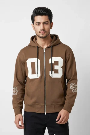 "03" Varsity Applique Full-Zip Oversized Hoodie — Coffee