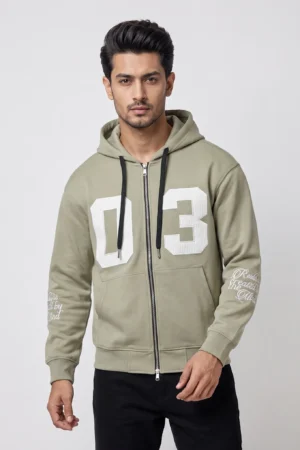 "03" Varsity Applique Full-Zip Oversized Hoodie — Sage Green