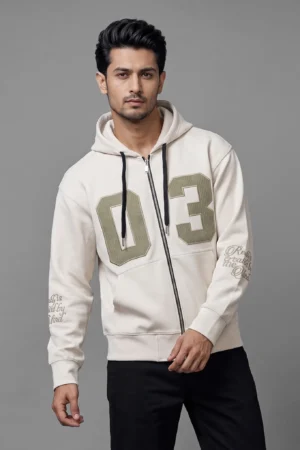 "03" Varsity Applique Full-Zip Oversized Hoodie — Off White