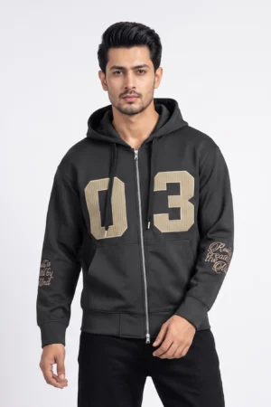 "03" Varsity Applique Full-Zip Oversized Hoodie — Mate Black