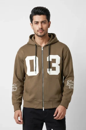 "03" Varsity Applique Full-Zip Oversized Hoodie — Mustered Olive