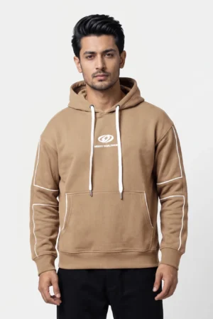 "Misery Worldwide" Piped-Outline Hoodie — Brown