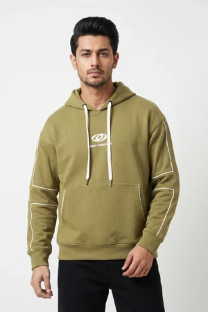 "Misery Worldwide" Piped-Outline Hoodie — Olive Green