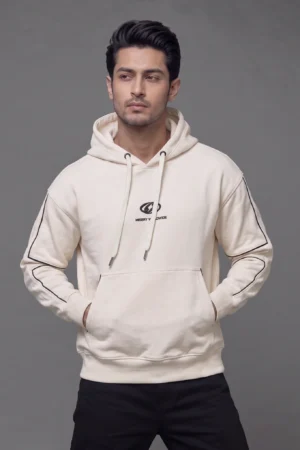 "Misery Worldwide" Piped-Outline Hoodie — Off White